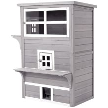 PawHut Three Tier wooden Kitten Shelter, Outdoor Cat House, with Jumping Platforms, Asphalt Roof, Doors Grey