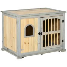 PawHut Wooden Dog Crate, Furniture Style Dog Kennel End Table w Lockable Door, Window, for Small, Medium Dogs, Grey and Natural