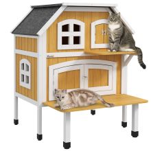 PawHut Outdoor Cat Shelter 2 Tiers Wooden Feral Cat House with Openable Asphalt Roof, Escape Doors, Terrace, for 1 2 Cats