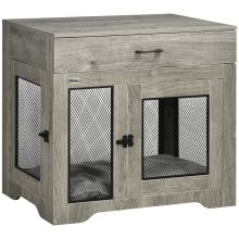 PawHut Dog Cage End Table with Two Doors, Drawer, for Medium Dogs Grey