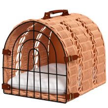 PawHut Wicker Cat Carrier Basket Kitten Bed Portable Pet Caves Houses w Soft Cushion 37 x 28 x 29 cm Orange