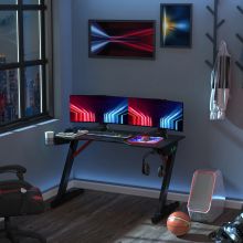 HOMCOM Racing Style Gaming Desk with LED Lights, Z Shaped Computer Table Workstation with Cup Holder, Headphone Hook and Cable Management Holes for Study, Home Office, Black