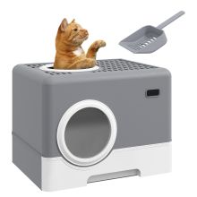 PawHut Enclosed Cat Litter Box, with Lid, Front Entry, Top Exit, Pull Out Tray, Scoop Grey