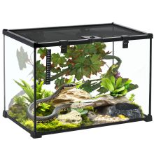 PawHut Glass Reptile Terrarium with Decor Kit, Breeding Tank with Thermometer for Small Animals, 50 x 30 x 35cm, Heated Black