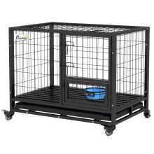 PawHut Heavy Duty Dog Crate on Wheels w Bowl Holder, Removable Tray, Openable Top, Detachable Door, for M, L Dogs