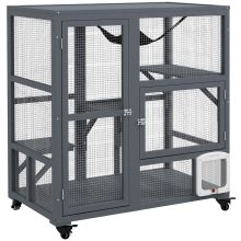 PawHut Cat House, Wooden Outdoor Catio Cat Enclosure on Wheels, Wooden Kitty Cage with Platforms, Hammock, Light Grey