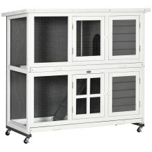 PawHut Wooden Rabbit Hutch, Two Tier Guinea Pig Cage, with Removable Tray, Wheels