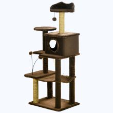 PawHut 136cm Cat Tree for Indoor Cats, Modern Cat Tower with Scratching Posts, house, Platforms, Toy Ball Brown