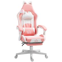 HOMCOM Cat Ear and Paw Reclining Office Chair, with Footrest Pink White