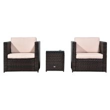  3 Pcs Rattan Sofa Furniture Set W/Cushions, Steel Frame-Brown