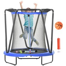 ZONEKIZ 4.6FT Kids Trampoline with Enclosure, Basketball, Sea Balls, Hoop, for Ages 3 10 Years Blue