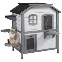 PawHut 2 Story Indoor or Outdoor Cat House W Escape Door, Cat Shelter, White