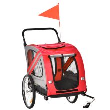 PawHut 2 In 1 Dog Bike Trailer Pet Stroller with Universal Wheel Reflector Flag Red