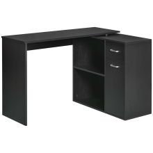 HOMCOM L Shaped Desk, Corner Computer Desk, Adjustable Study Table with Storage Shelf, Drawer and Cabinet, Workstation for Home Office, Black Wood Grain