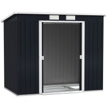 Outsunny Outdoor Lean to Garden Metal Equipment Tool Storage Shed w Foundation Kit, Double Door, Vents and Sloped Roof, Dark Grey