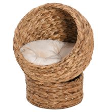 PawHut Wicker Cat Bed, Raised Rattan Cat Basket with Cylindrical Base, Soft Washable Cushion, 50 x 42 x 60 cm Brown