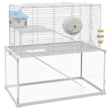 PawHut Gerbil Cage, Dwarf Hamster Cage w Deep Glass Bottom, Ramps, Platforms, Hut, Exercise Wheels, Water Bottle White