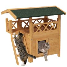 PawHut Cat House Outdoor w Balcony Stairs Roof, 77 x 50 x 73 cm, Natural Wood Finish