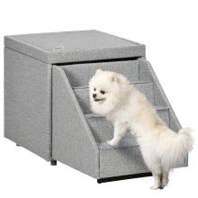 PawHut 2 in 1 Dog Steps Ottoman, Four Tier Pet Stairs, for Small, Medium Dogs and Cats, with Storage Compartment Grey