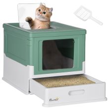 PawHut Hooded Cat Litter Box, Portable Pet Toilet, with Scoop, Front Entry Green