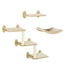 PawHut 3PCs Wall Mounted Cat Shelves, with Jumping Platforms, Hammock, Scratching Post Oak Tone