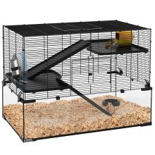 PawHut 3 Tiers Hamster Cage, Gerbil Cage with Deep Glass Bottom, Non Slip Ramps, Platforms, Hut, Exercise Wheels, Water Bottle, Dish, for Syrian Hamster, Dwarf Hamster, 78.5 x 48.5 x 57cm