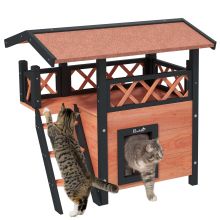 PawHut Cat House Outdoor w Balcony Stairs Roof, 77 x 50 x 73 cm, Brown