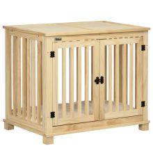 PawHut Wooden Dog Crate, with Double Doors, Cushion, for Medium Dogs Natural Finish