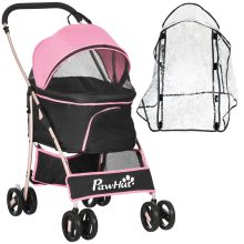 PawHut Detachable Pet Stroller with Rain Cover, 3 In 1 Cat Dog Pushchair, Foldable Carrying Bag w Universal Wheels, Brake, Canopy, Basket, Storage Bag for Small and Tiny Dogs Pink