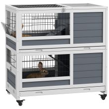 PawHut Double Deckers Guinea Pig Cage, Indoor Rabbit Hutch with Feeding Trough, Trays, Ramps, Openable Top Grey