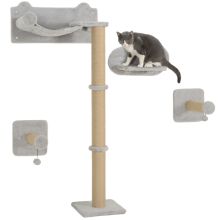 PawHut 4 Piece Cat Shelves w Scratching Post, Steps, Jumping Platform, Ladder, Toy Balls, for Indoor Cats, Light Grey