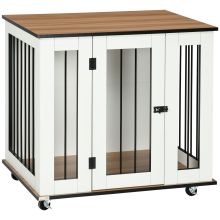 PawHut Dog Crate Furniture, Dog Cage End Table, with Wheels, for Medium Dogs, 80 x 60 x 76.5cm White