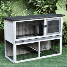 PawHut Small Animal Two Level Fir Wood Guinea Pigs Hutches Bunny Cage w Slide Out Tray Grey