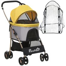 PawHut Detachable Pet Stroller with Rain Cover, 3 In 1 Cat Dog Pushchair, Foldable Carrying Bag w Universal Wheels, Brake, Canopy, Basket, Storage Bag for Small and Tiny Dogs Yellow