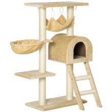 PawHut Cat Tree Tower for Indoor Cats Kitten Activity Centre Scratching Post w Hammock House Basket Ladder Beige