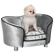 PawHut Dog Sofa Pet Chair, Kitten Bed Couch w Wooden Frame, Removable Cushion Silver Tone and Grey