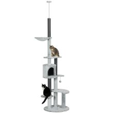 PawHut 255cm Floor to Ceiling Cat Tree with Scratching Posts, Height Adjustable Cat Tower with Hammock, House, Anti tipping Kit, Perches, Toys, Grey