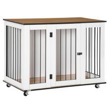 PawHut Dog Crate Furniture, Dog Cage End Table with Wheels, Lockable Door, for Medium Dogs, 106 x 60 x 82 cm White