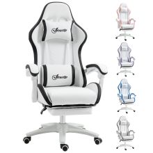 Vinsetto Computer Gaming Chair, PU Leather Desk Chair with Footrest, Swivel Task Chair with 135? Reclining Back and Lumbar Support, PC Chair for Adults, White and Black