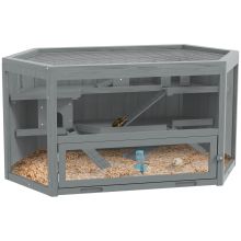 PawHut 3 Tier Wooden Large Hamster Cage with Sliding Tray, Seesaws, Water Bottle, Grey