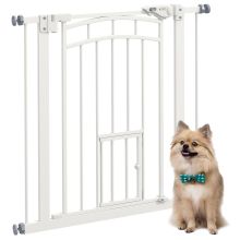 PawHut Pressure Fit Stair Gate, Dog Gate w Small Cat Door, Auto Closing System, Double Locking Openings, 74 80cm White