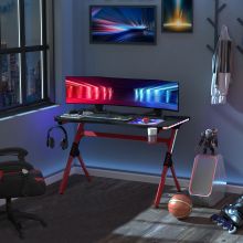 HOMCOM Gaming Desk with RGB LED Lights, Racing Style Computer Table with Carbon Fibre Surface, Cup Holder, Cable Management, Red