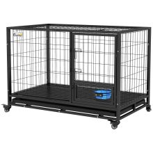 PawHut Heavy Duty Dog Crate on Wheels w Bowl Holder, Removable Tray, Openable Top, Detachable Door, for L, XL Dogs