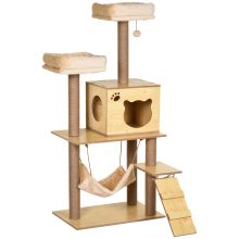 PawHut 130cm Cat Tree for Indoor Cats, Multi Level Plush Cat Tower, with Five Scratching Posts, Two Perches, Cat House, Hammock