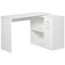 HOMCOM L Shaped Desk, Corner Computer Desk, Adjustable Study Table with Storage Shelf, Drawer and Cabinet, Workstation for Home Office, White Wood Grain