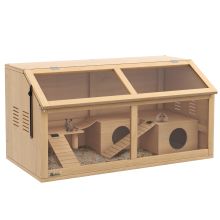 PawHut Hamster Cage, Wooden Small Animal Cage for Gerbils, Mice w Suspension Bridge, Openable Top, Hut, 85 x 45 x 44cm Nature