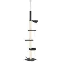 PawHut 240 270cm Floor To Ceiling Cat Tree, 5 Tier Cat Climbing Tower, with Bed, Hammock, Platforms, Black and Cream