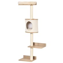 PawHut Wall Mounted Cat Tree, with Cat House, Bed, Scratching Post Beige