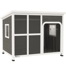 PawHut Wooden Dog House Outdoor with Asphalt Openable Top, Removable Floor, Clear Front Panel, Curtain, 103 x 77 x 83cm