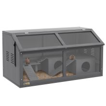 PawHut Hamster Cage, Wooden Small Animal Cage for Gerbils, Mice w Suspension Bridge, Openable Top, Hut, 85 x 45 x 44cm Grey